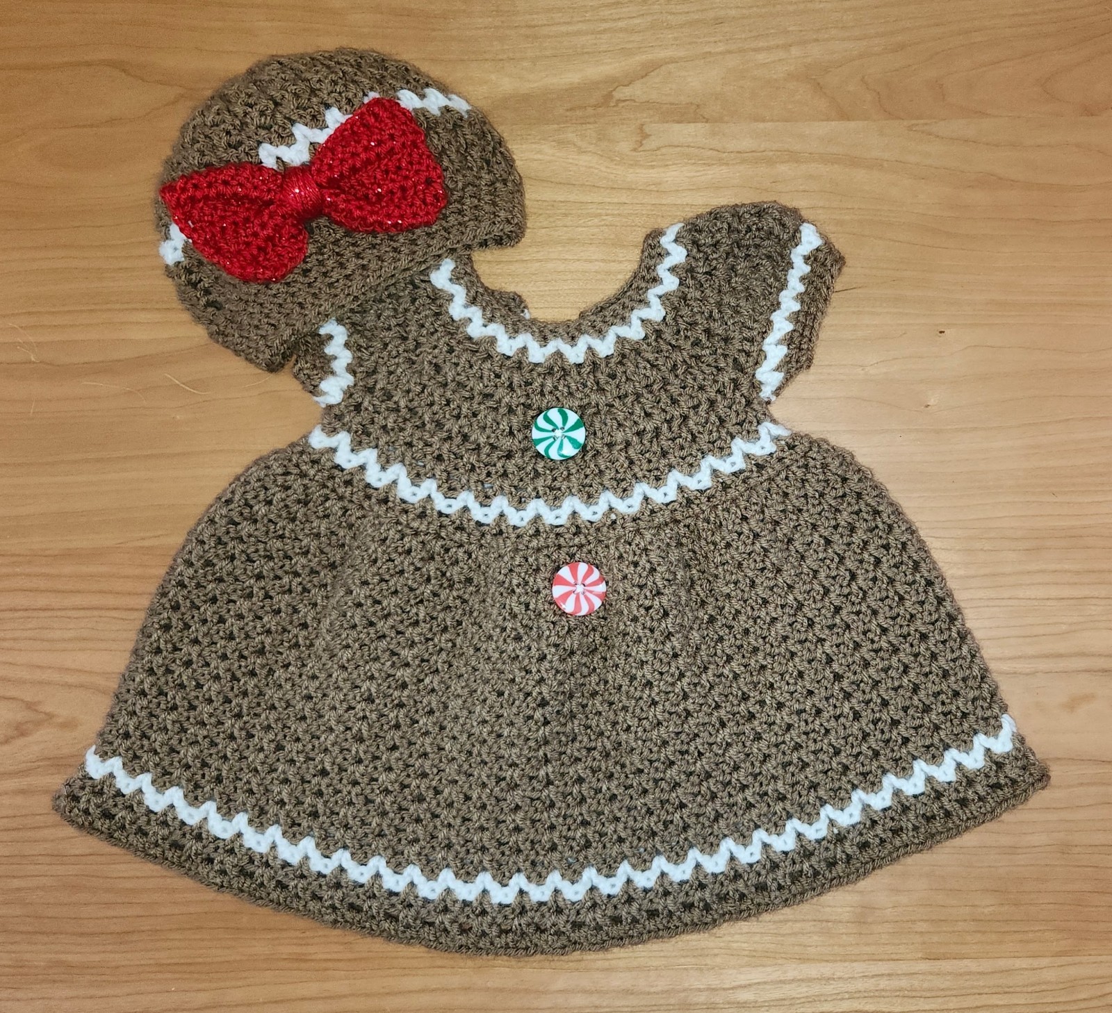 Gingerbread Dress and Beret Hat, crocheted by Tina McClure