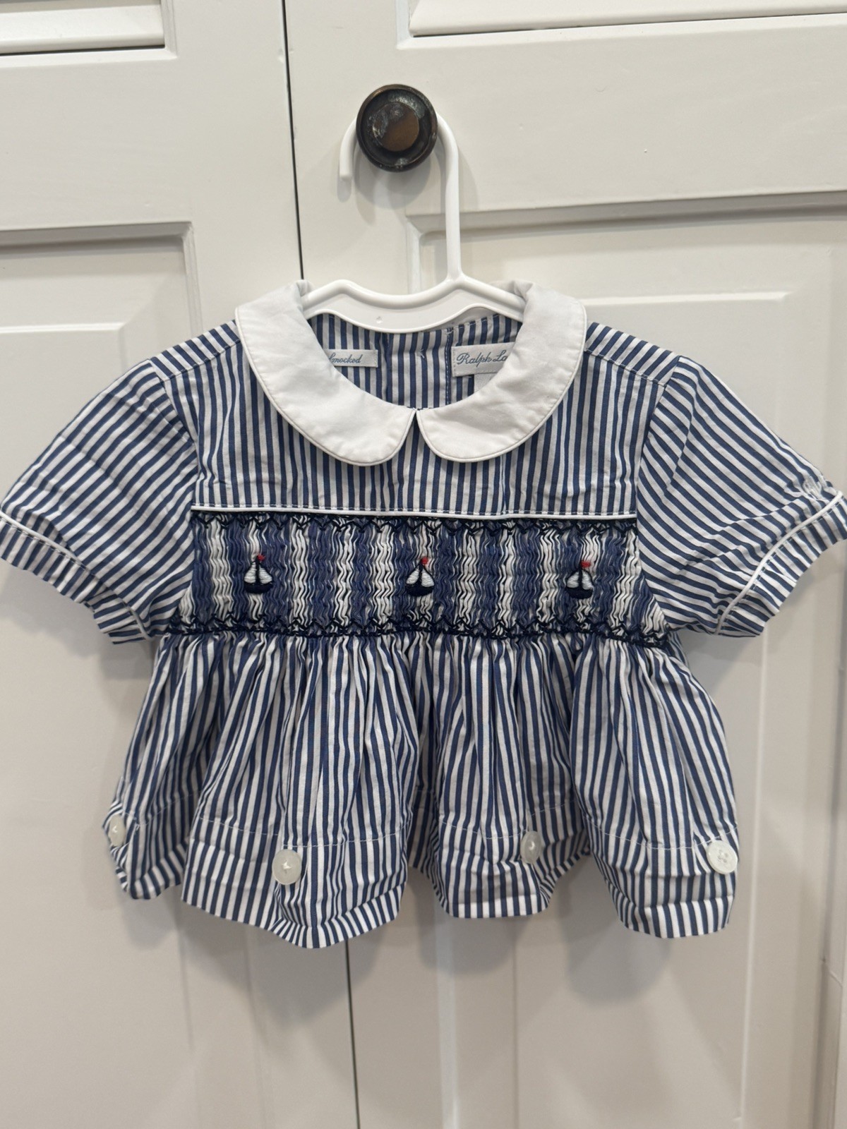 Ralph Lauren Boys’ Blue and White Nautical Sailboat Hand Smocked Shirt Size 12M