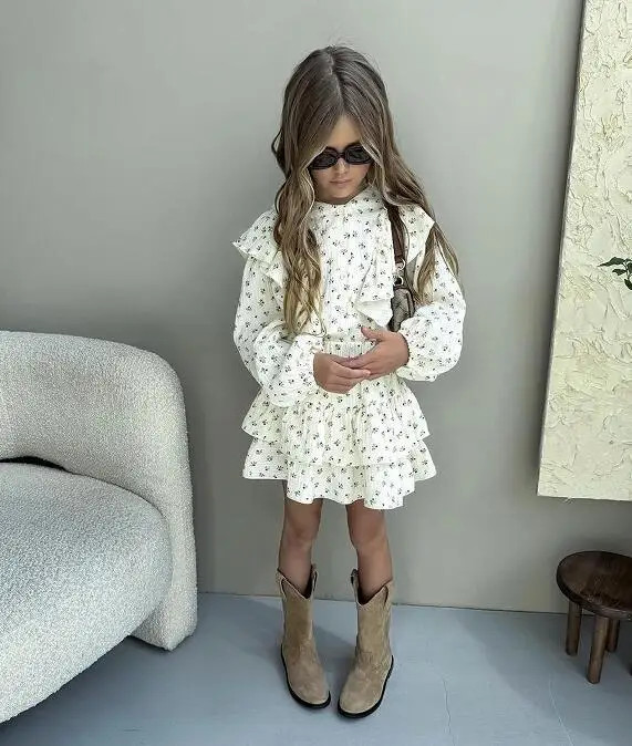 New Girl’s Dress Autumn Floral Lace Shirt+Cake Skirt Two-piece Set