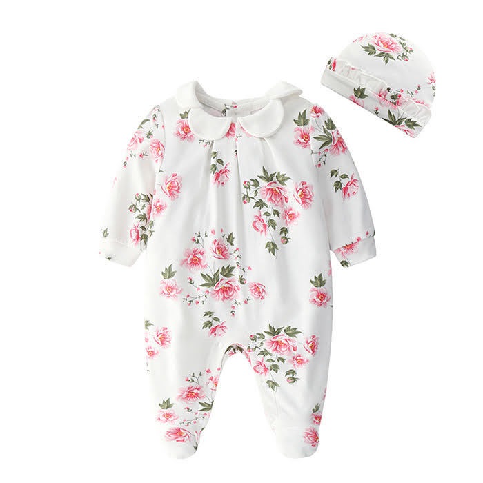 2-Piece Baby Girl Floral Romper & Hat Set – Organic Cotton Long Sleeve Outfit