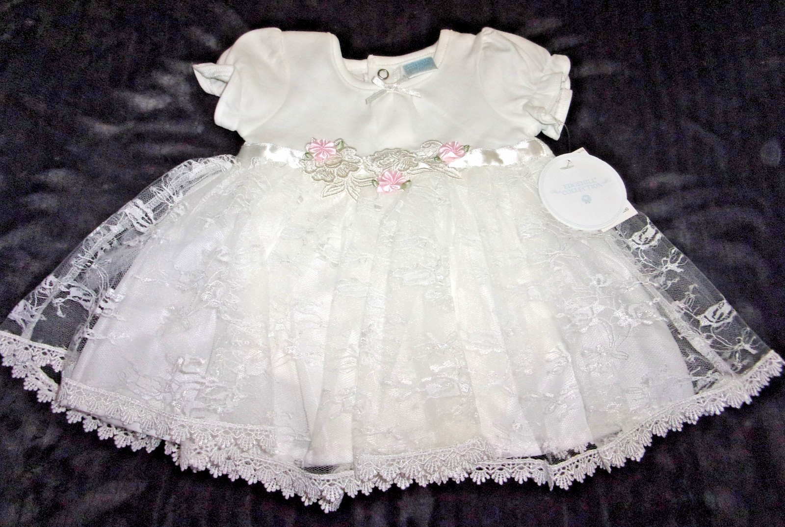 NWT “Edgehill Collection” Cotton/Lace/Ribbon Snap bottom Dress – 3Mo. Baby Girl