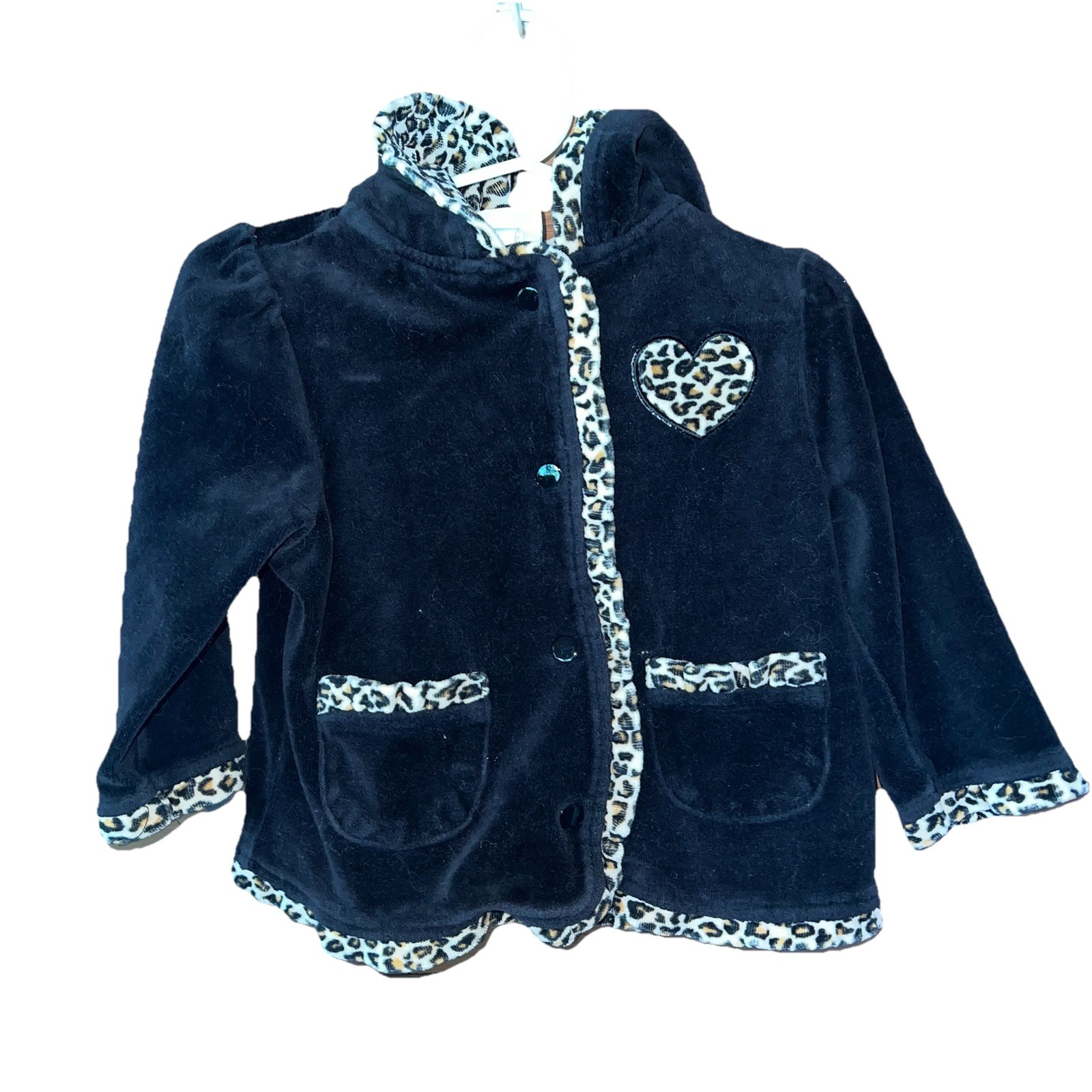 Miniwear Black Cheetah Heart Top 18 Months Hood Top Button Pockets Leopard Trim