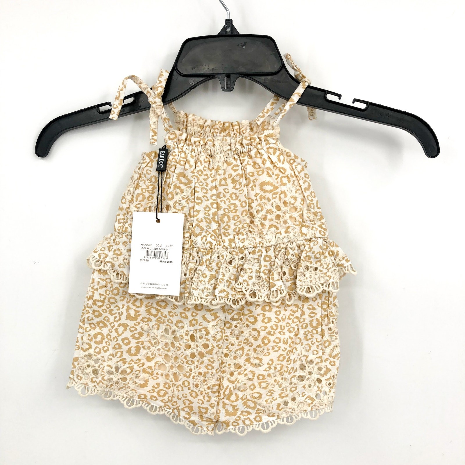 BARDOT Baby Leopard Lace Trim Romper 0-3 Months Beige Tie Shoulder NWT