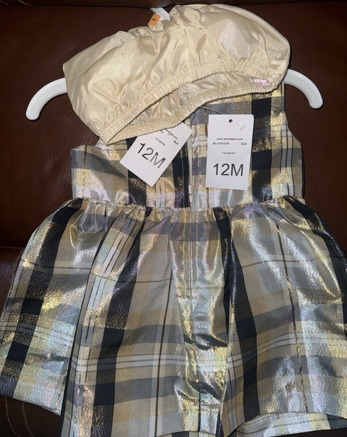 Bonnie Jean Girls 12M 2pc Metallic Plaid Dress & Coat Set Black Gold Silver