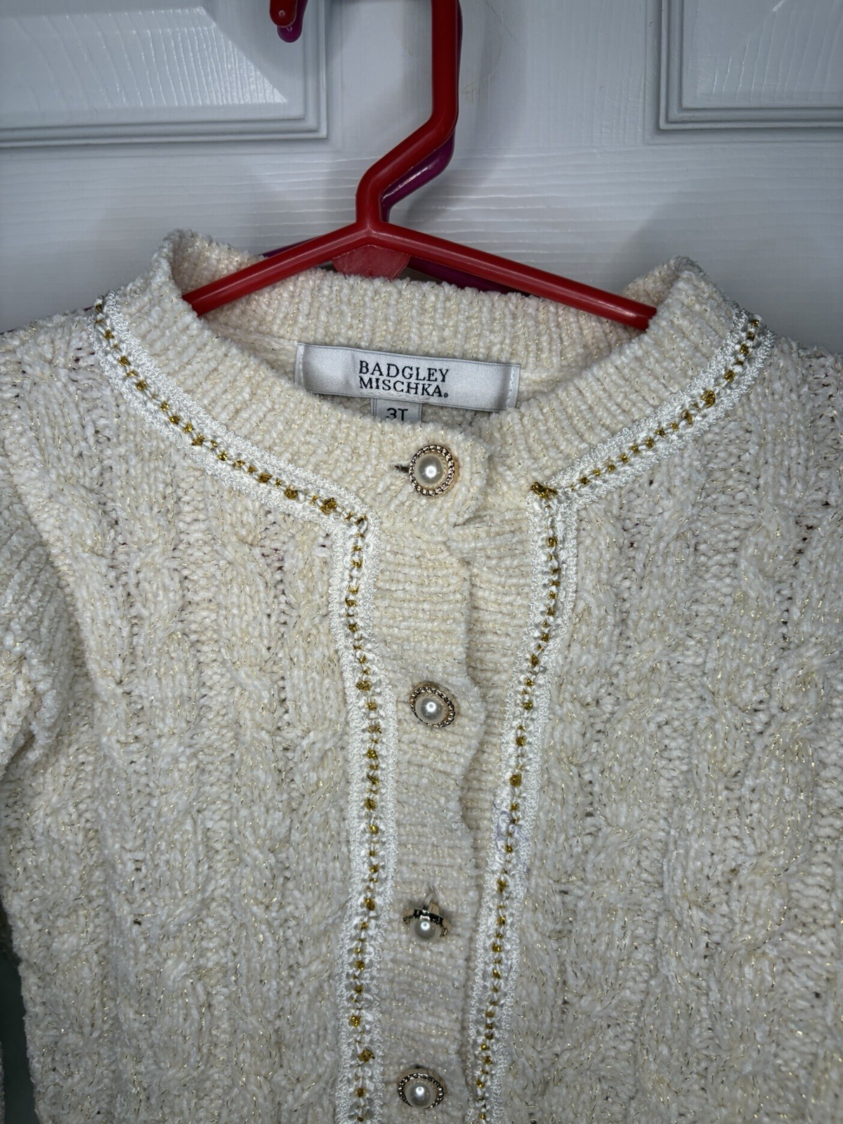 Badgley Mischka Cream Cable Knit Pearl Button Gold Metallic Sweater Set Girl 3T