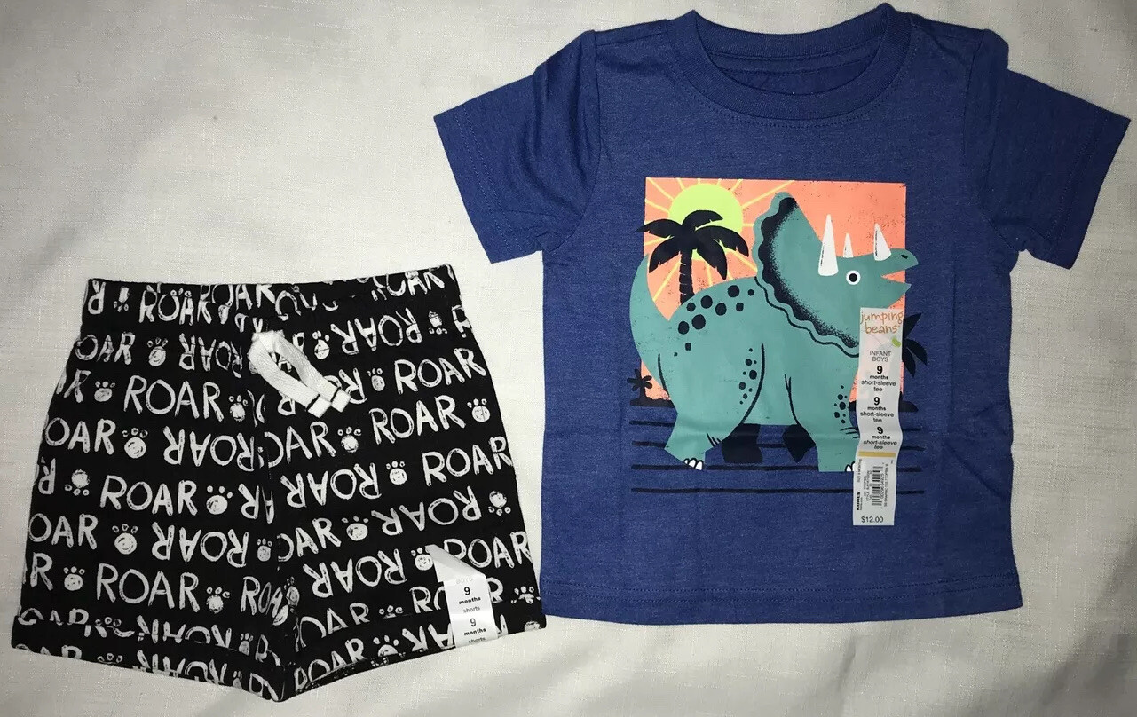 Jumping beans boys size 9 months 2pc outfit dino tee Roar shorts blue black new