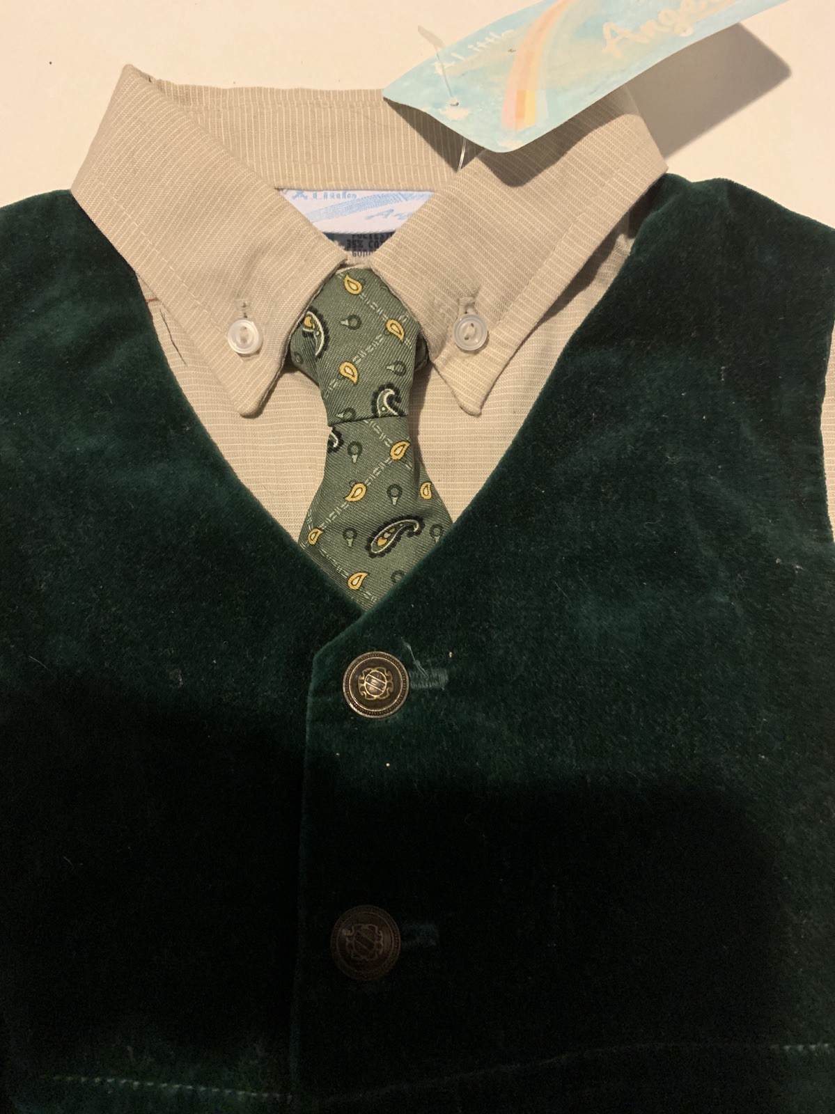 A Little Angel 3 pc set Shirt, tie, vest Green and beige 6-9 monhs Easter NWT