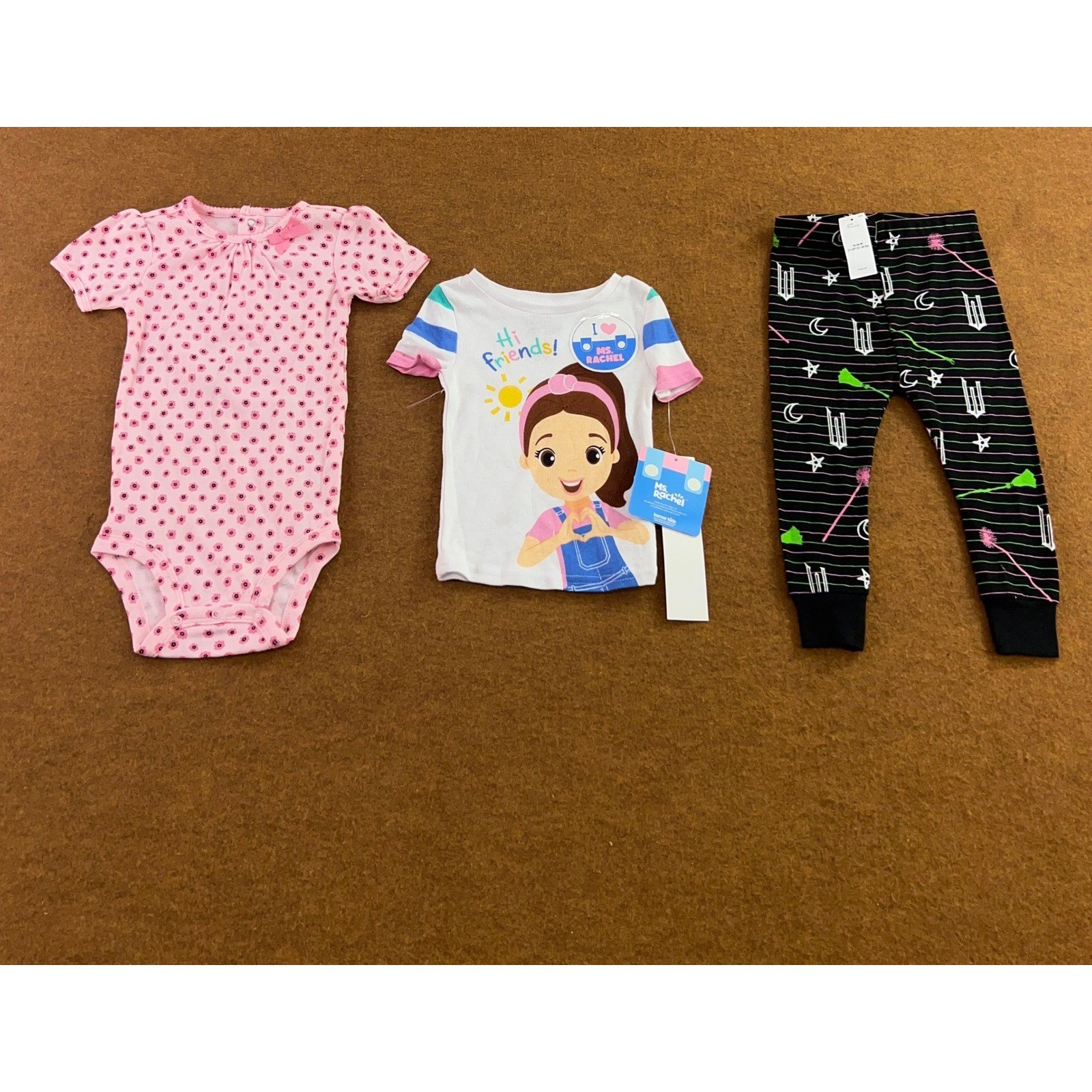 Ms. Rachel Baby Girl 18M Pink White Multi Graphic Tee Bodysuit Leggings 3pc Set