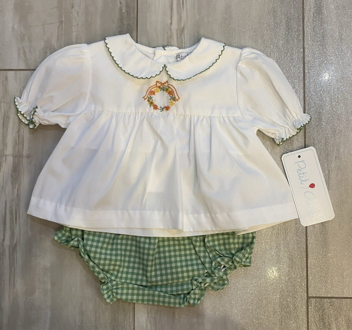 New! Petit Ami Embroidered Fall Wreath Cotton Blend Gingham Diaper Set, Girls 6M