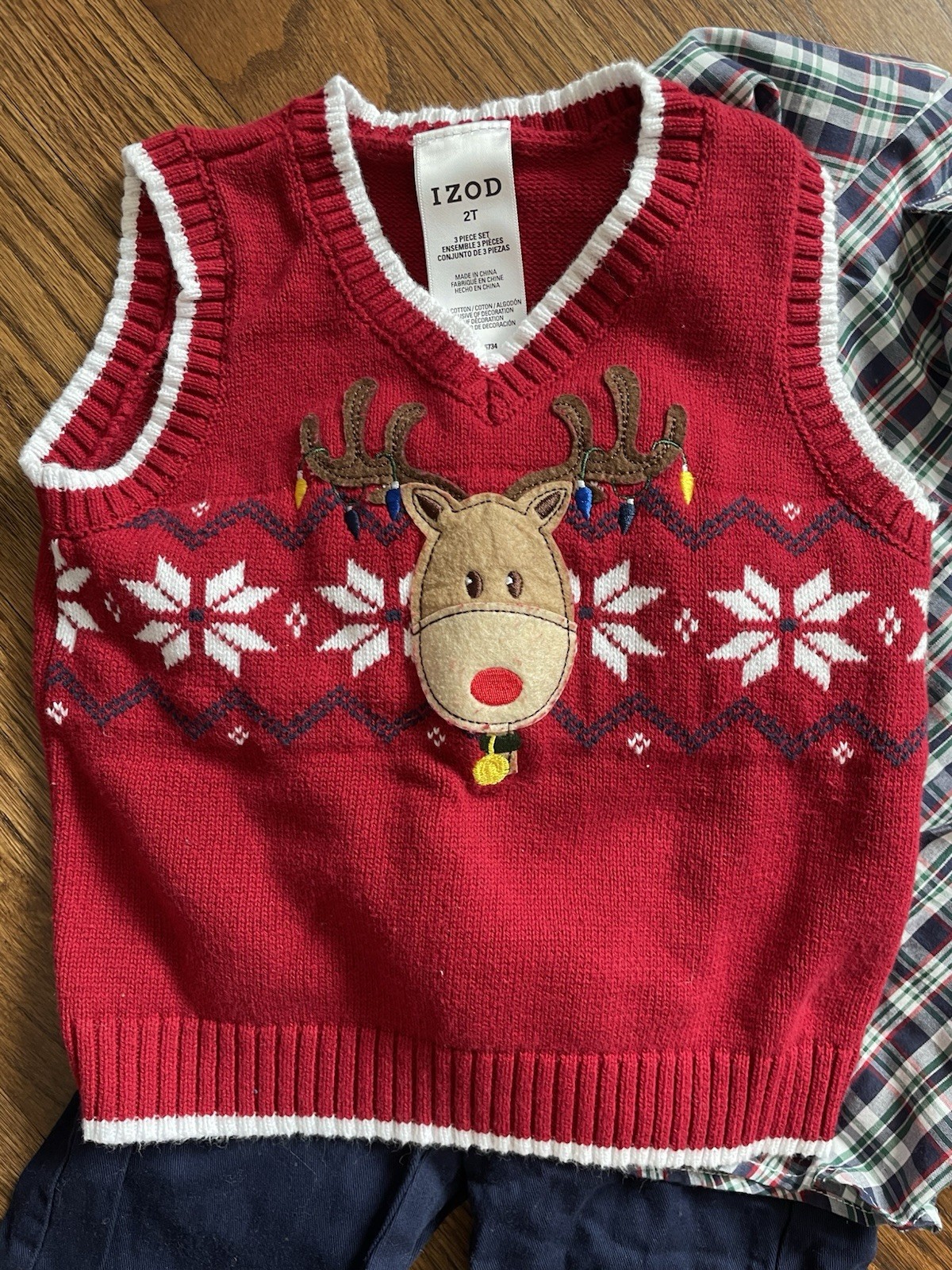 IZOD Boys 2T Holiday Reindeer Sweater Vest, Plaid Shirt & Pants Set