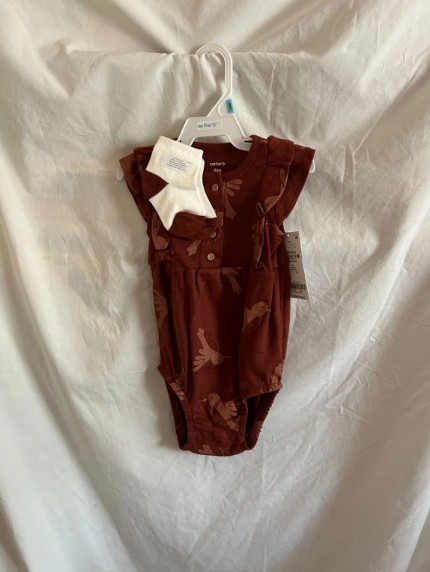 Carter’s Baby Girl 9 Months Brown Hummingbird 3 Piece Romper Hat Socks NWT