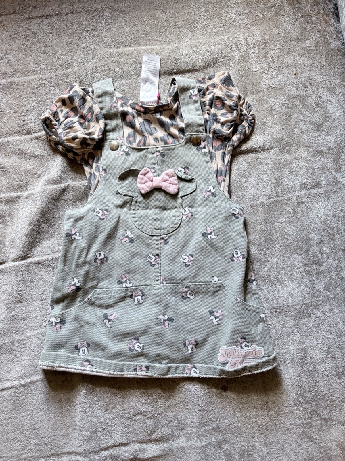 Disney Minnie Mouse Girls Dress Set 12M Green Pink Animal Print Bow Casual
