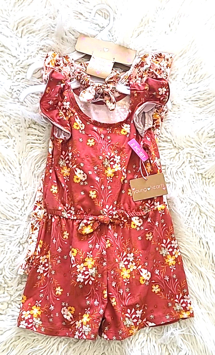 Young Hearts Baby Girls 3T Pink Floral Romper Set of 2 NEW