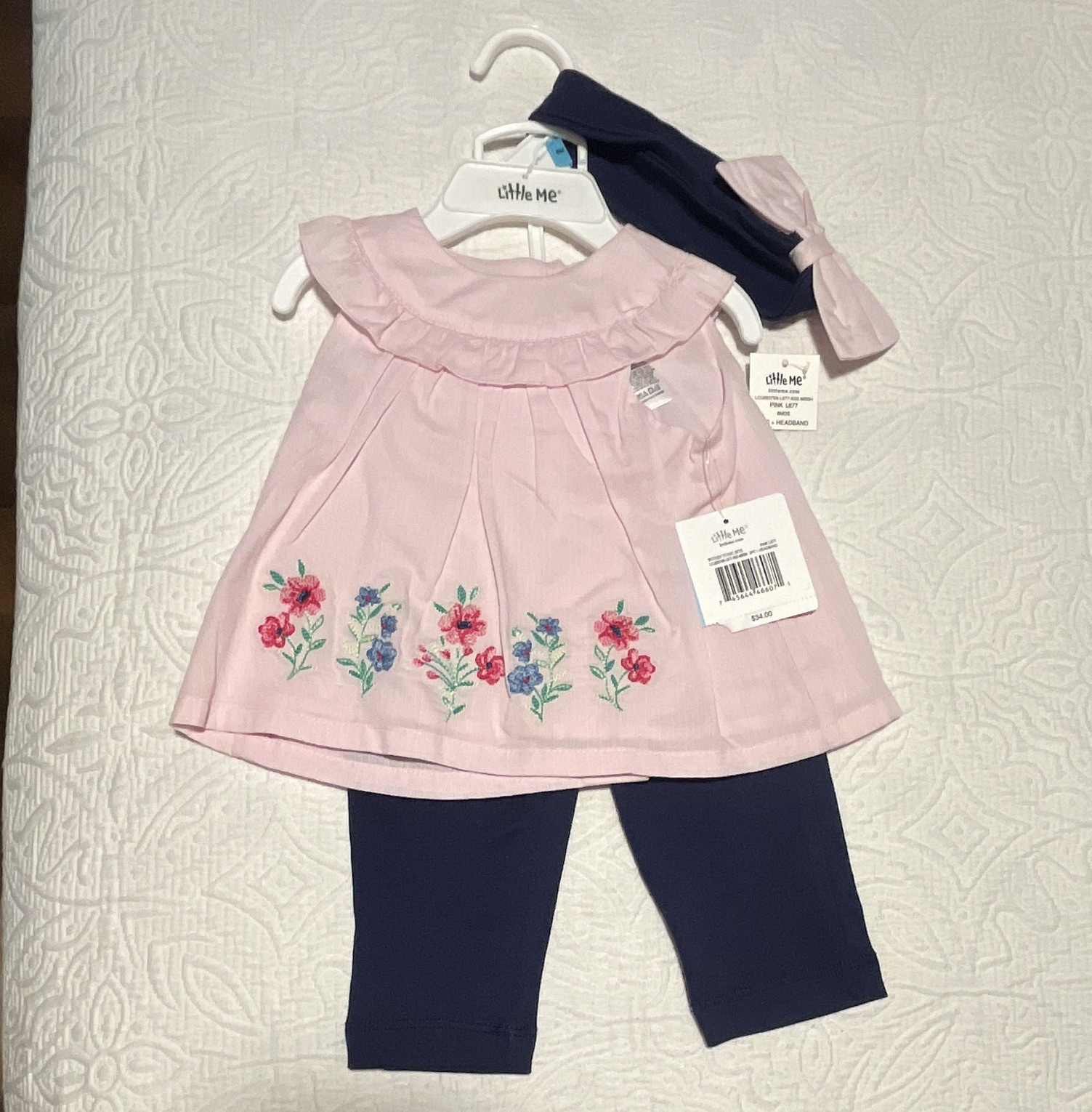 Little Me Girls 6M 3pc Floral Tunic Pants Headband Set Pink/Navy