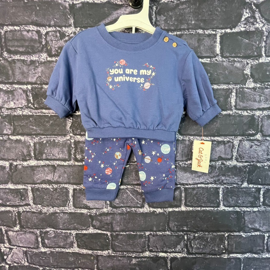 Cat & Jack 0-3 Months Girls “You Are My Universe” Space Planets Top & Pant Set