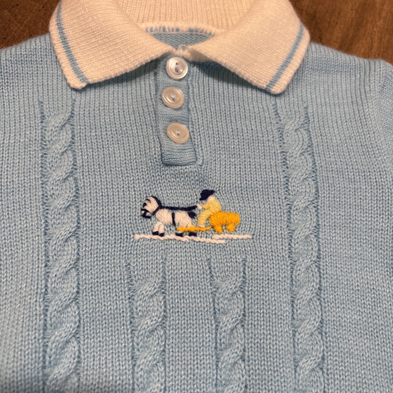 Vintage Retro BABY Boy Knit Soft Cable Sweater 0-6 ? Months Blue Horse Wagon