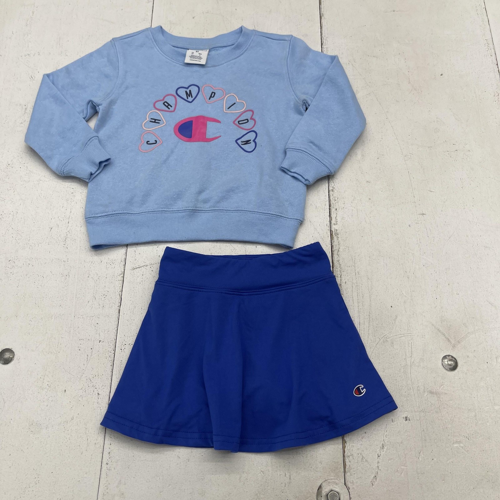 Champion Sweatshirt Skort Outfit Set Girls 3T Blue Heart Logo Athletic 2 Piece