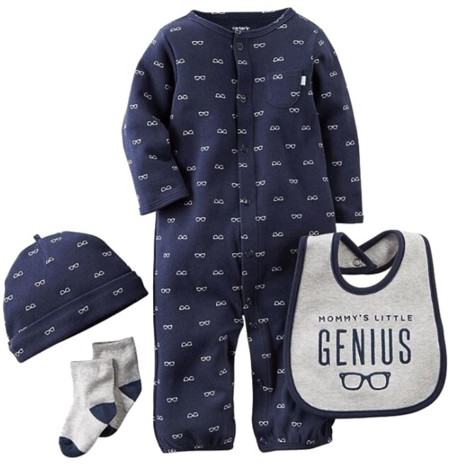 Mommy’s Little Genius Gown Cap Sock Bib Baby Boy 4-pc Perfect Gentleman Gift Set