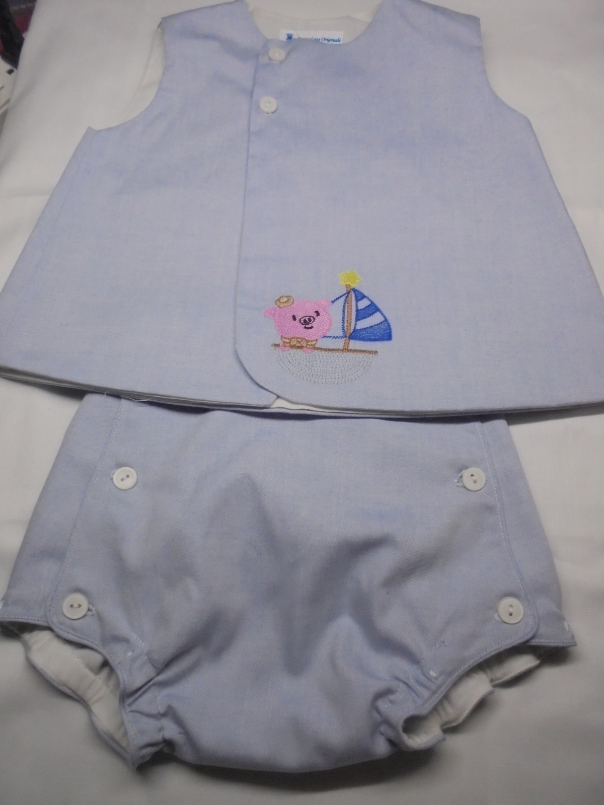 6 Month /15-18 lb.-Baby Outfit-Embroidered “Piggy w/ Sail Boat” Top/Diaper Cover