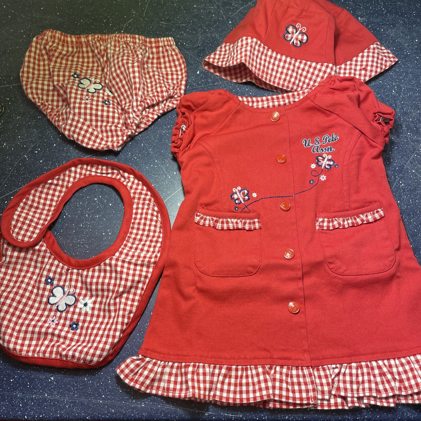 Baby Girl Summer 4 Pc Set Sunhat Shirt Bloomers Bib Red Gingham Butterfly 0-6 Mo