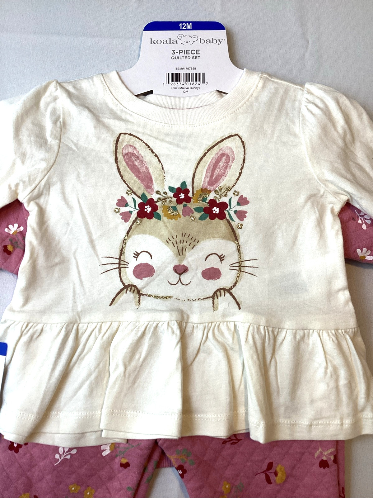 Koala Baby Infant Girl 3 Piece Set Pants, Top & Sweater, Pink Mauve Bunny, 12M