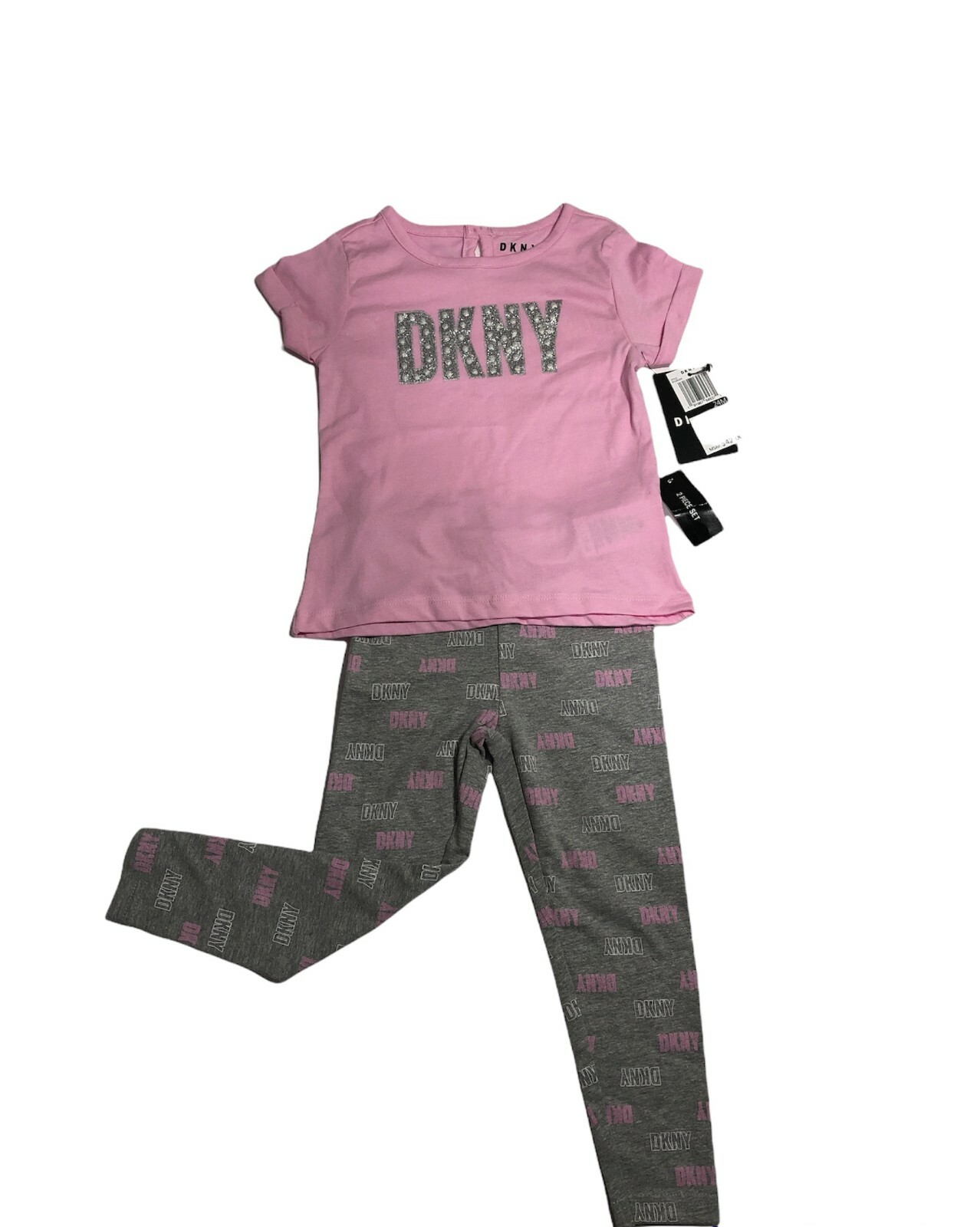 DKNY Girls Logo Print Shrt Sleeves tee & Logo Printed Legging set Pink/Gray 24M