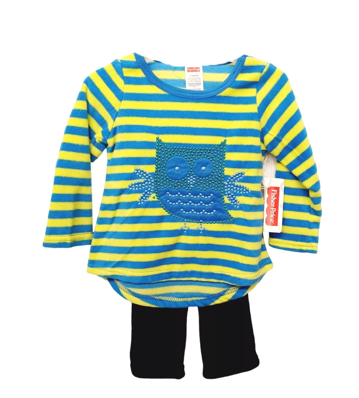 Fisher Price Fleece Pant Set 12M Girls Owl Blue Yellow Black
