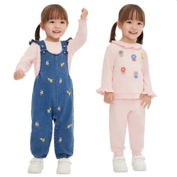 NWT Little Me Girls 4pc Floral Denim Overalls and Pink Sweatshirt Set 9M