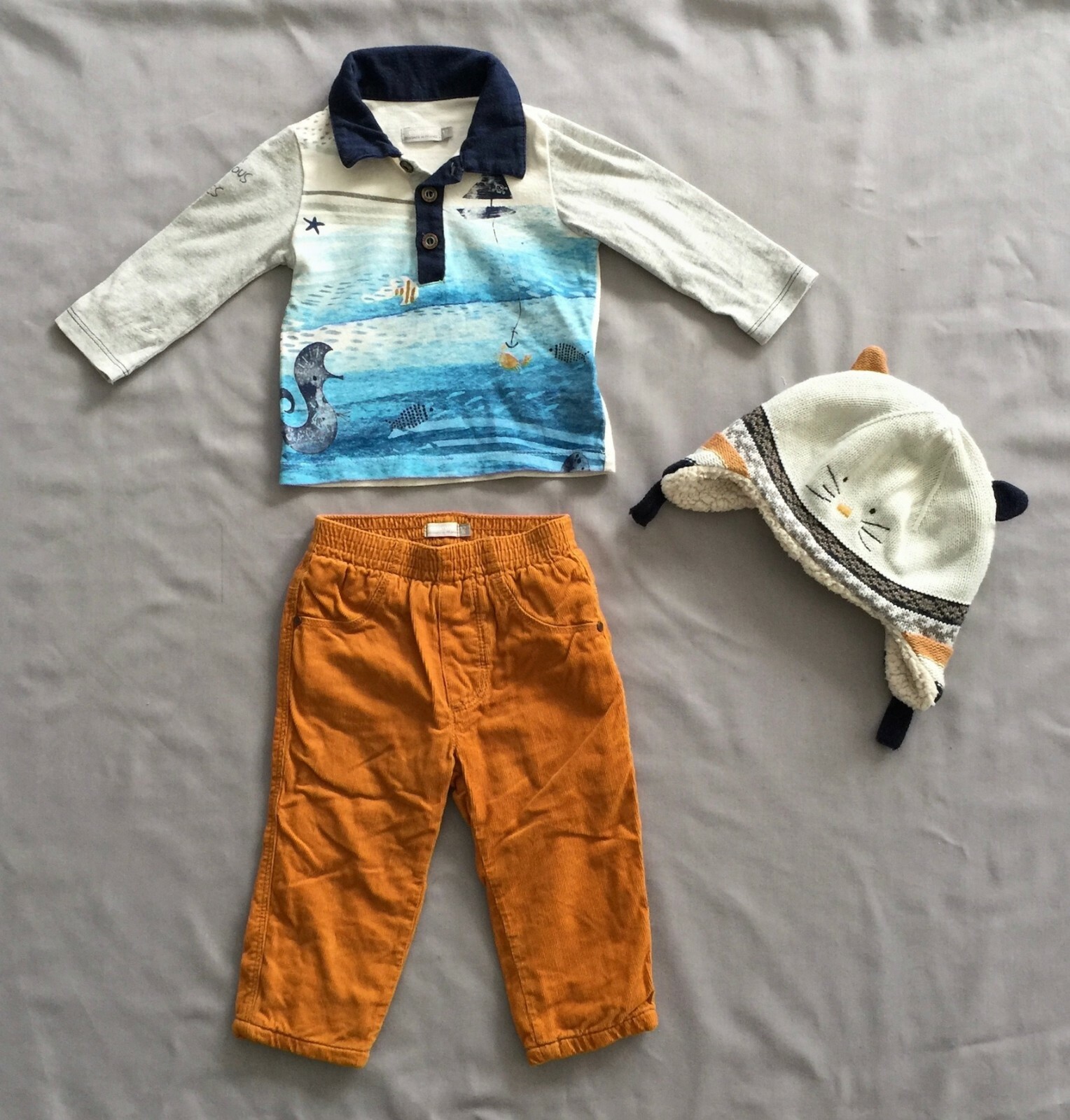CATIMINI BABY BOYS KNIT HAT SEA TOP & LINED PANTS 3PC SET 12 MONTHS 74 Austr. 0