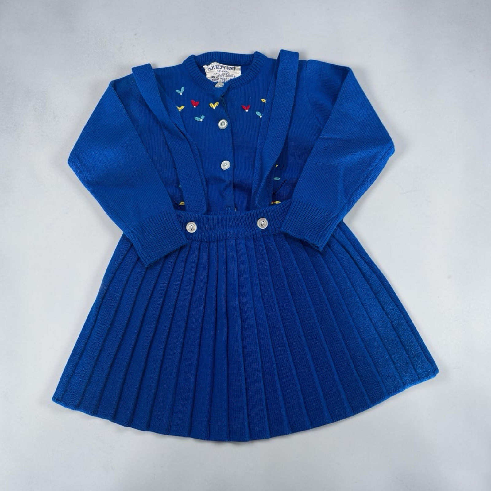 New Vintage Girls Sz Large Outfit Blue Sweater Skirt Suspender Straps 1960s?