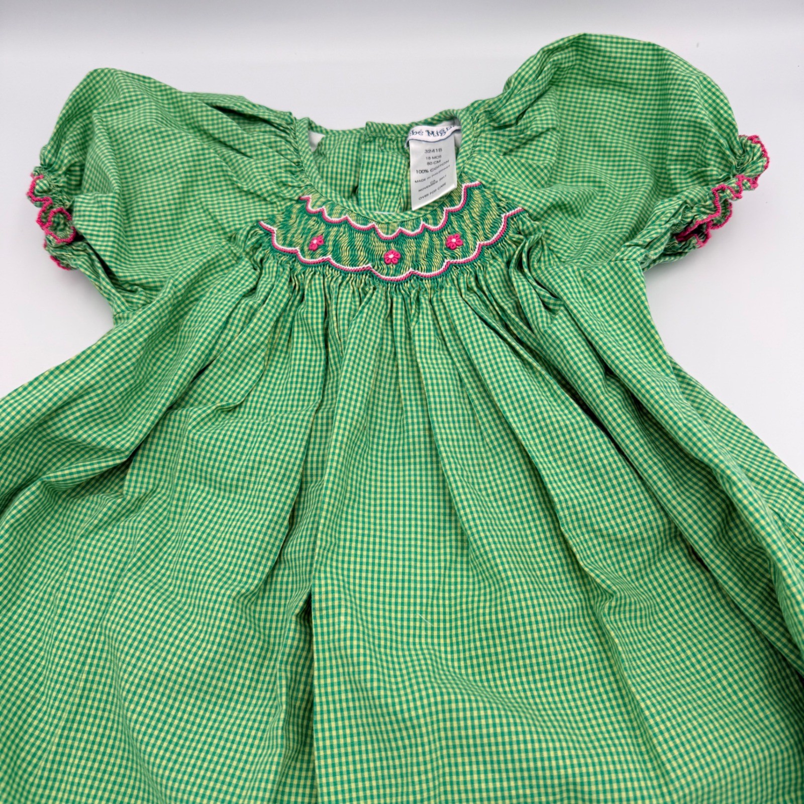Bebe Mignon Green Gingham Smocked Dress and Bloomers Set 18M Cotton 3241B