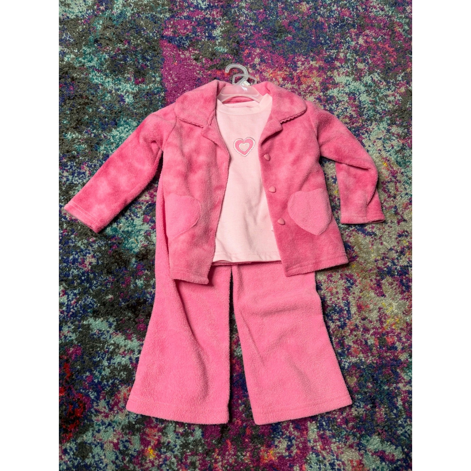 Y2K vintage pink 3 pc fuzzy 3T sweater jacket, under shirt, fleece pants New