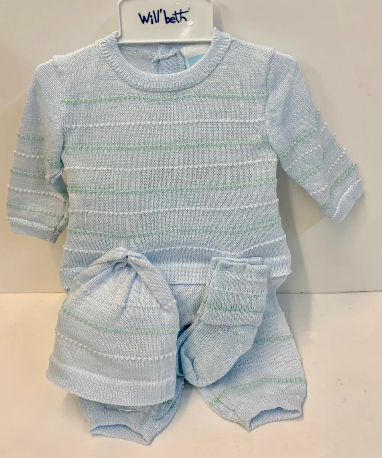NWT Will’beth Blue Knit Mint Stripe 4pc Set Newborn Baby Boys Hat Booties 0
