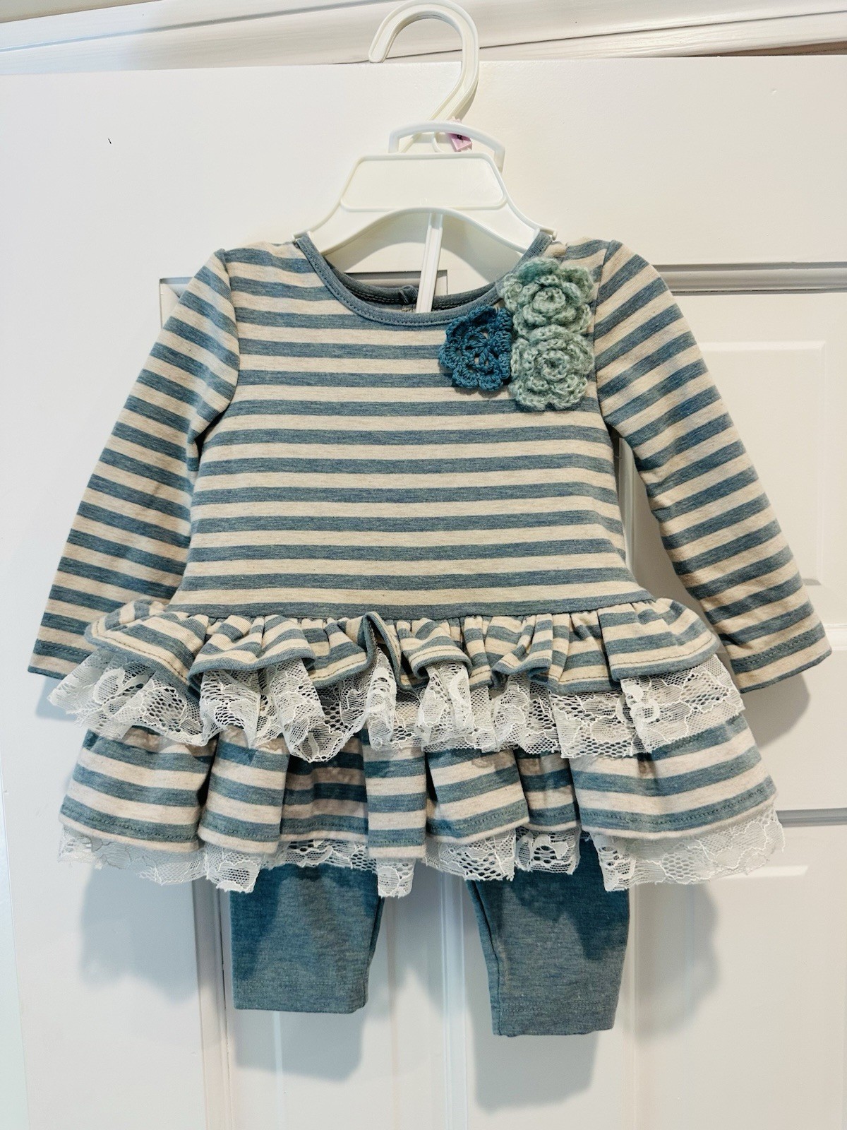 Pippa & Julie Blue and Cream Striped Set with Lace Size 9M NWOT