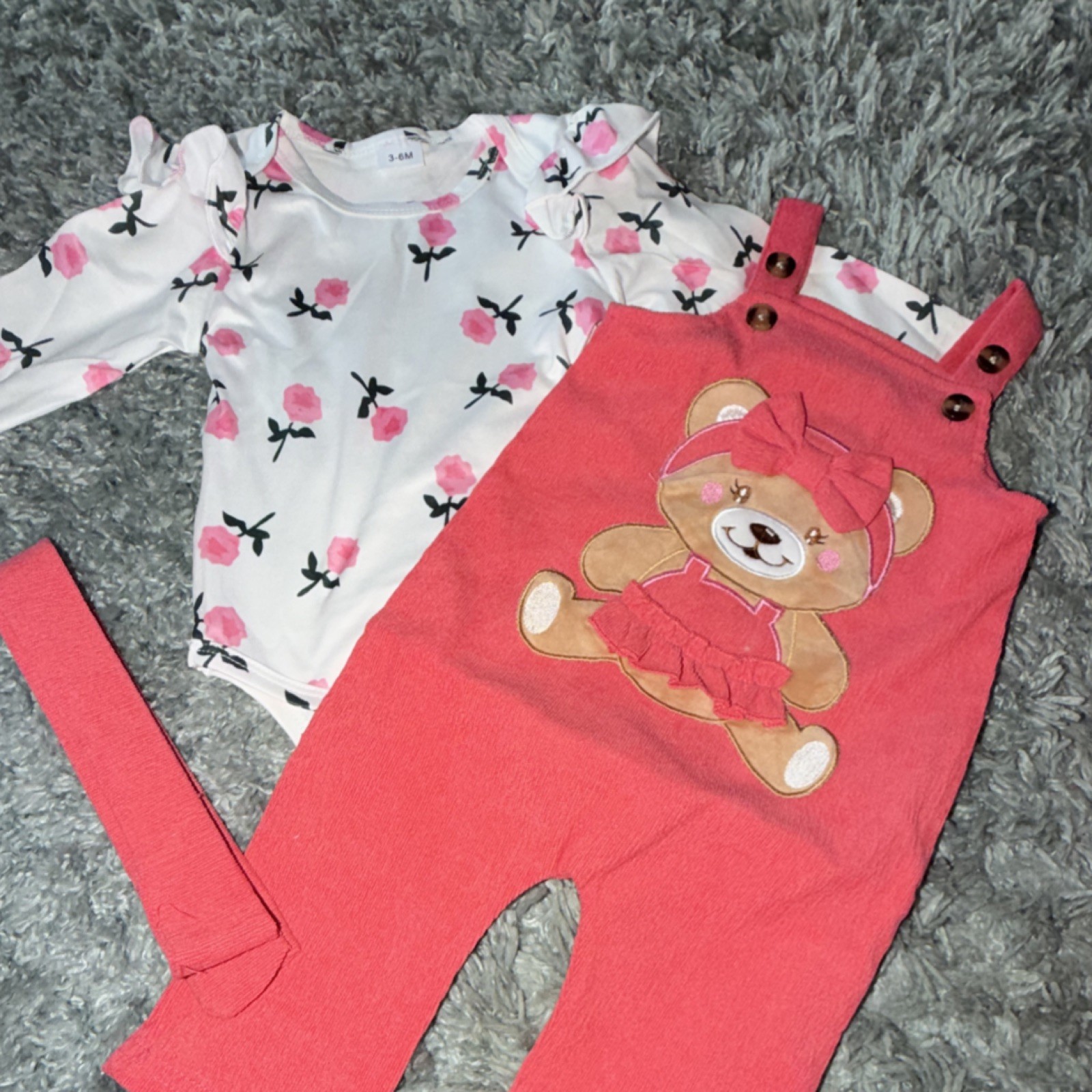 Pink Floral Bear 3 Piece Outfit Set 3-6M Bodysuit Overalls Headband