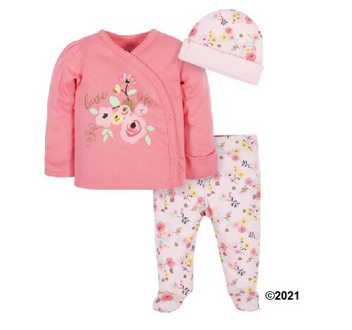 Gerber Baby Girl 3-Piece Organic Cotton “Love” Floral Take Me Home Set Size NB