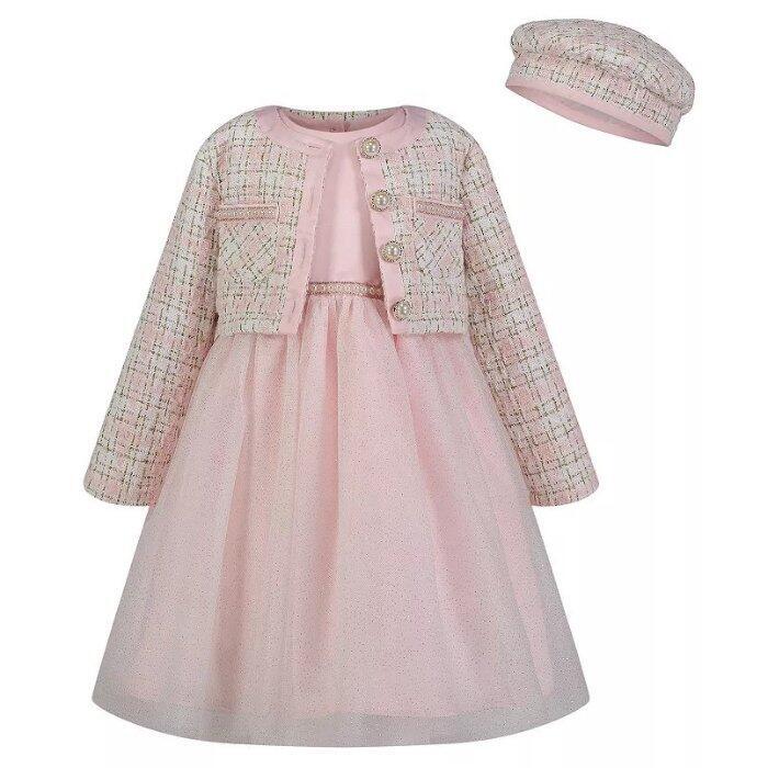 BLUEBERI BOULEVARD 3T Pink Tweed Jacket, Dress & Hat 3-Pc Set NWT