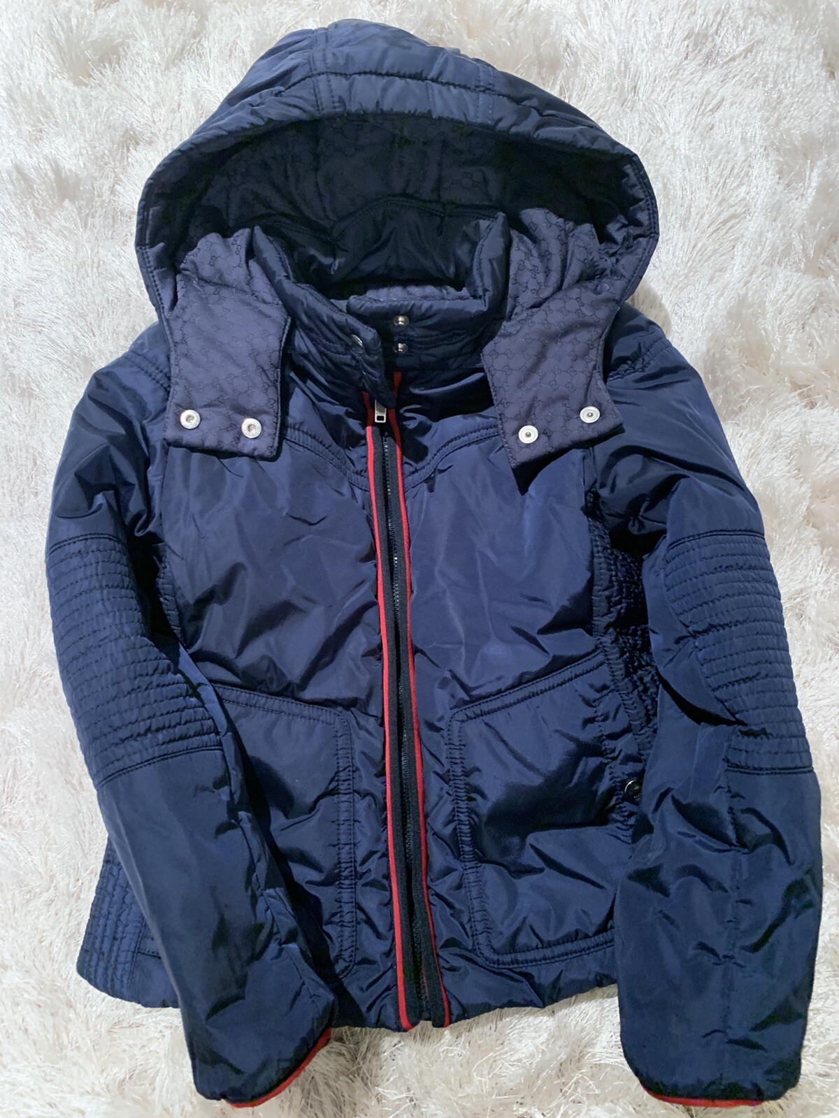 GUCCI Girl Navy Blue QUILTED Web Lined JACKET Removable Hood SZ 6 YR PRE-OWNED!