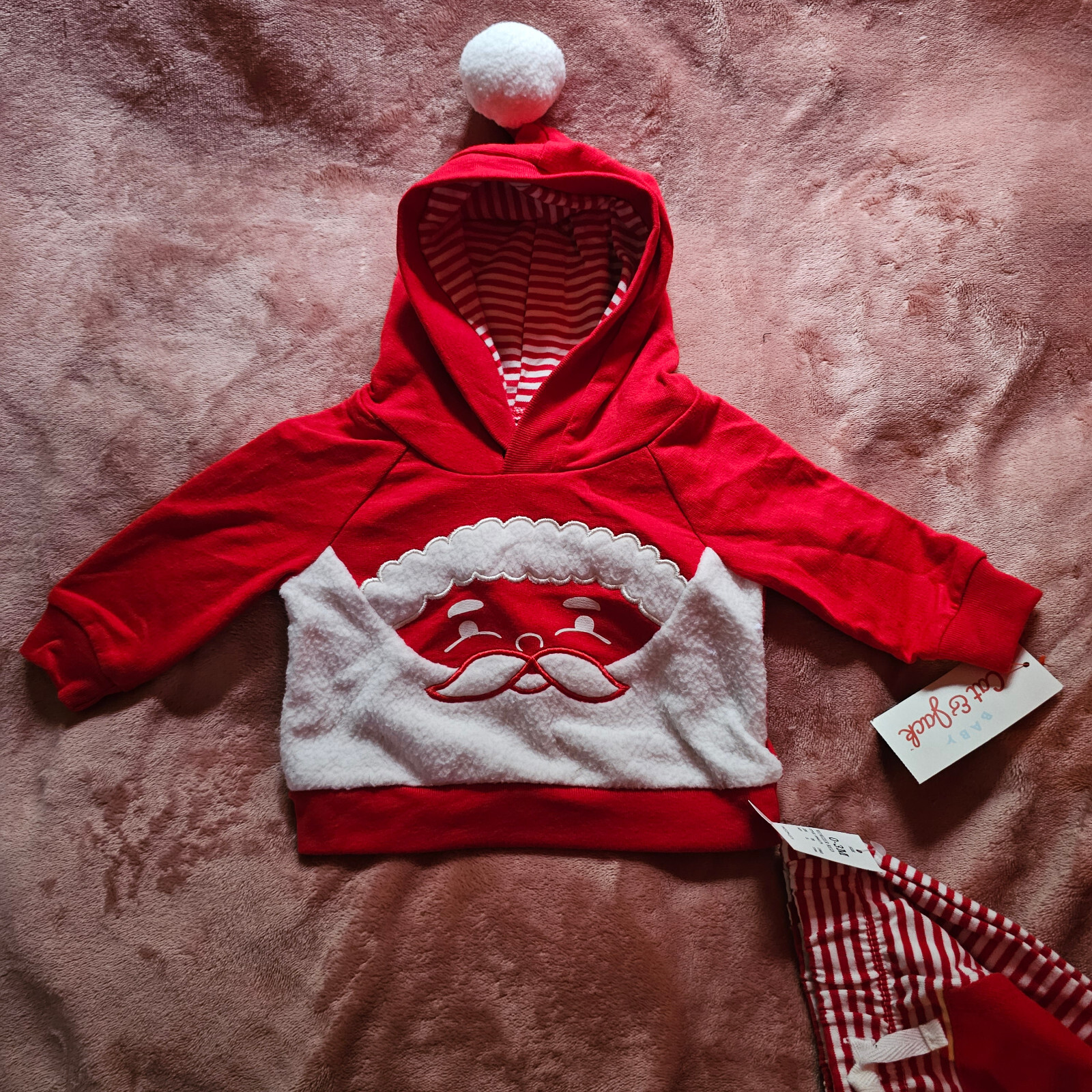 New Baby Boys 0-3M Santa Fleece Face Hooded Sweatshirt & Pants 2 Piece Set NWT