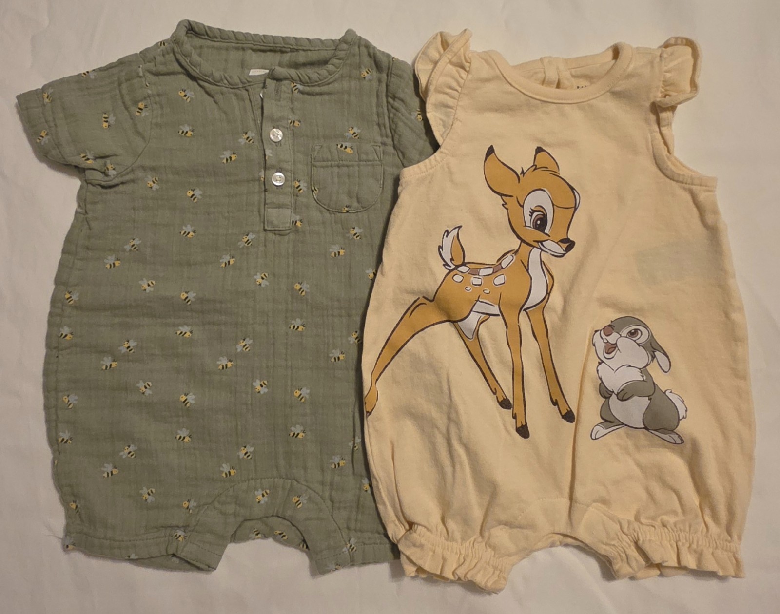 Girls Baby Gap Green Bees And Yellow Bambi Rompers Size 0-3 Months 100% Cotton