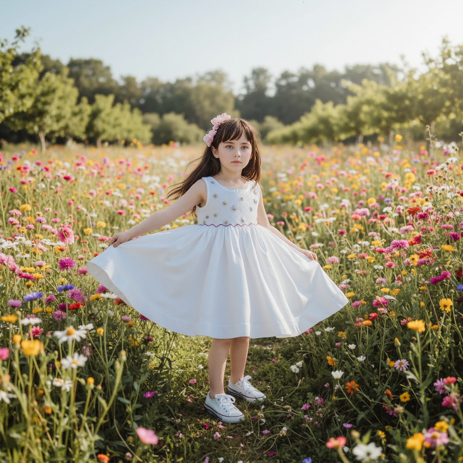 White Geometric Smocked with Multi Flowers Sleeveless Dress