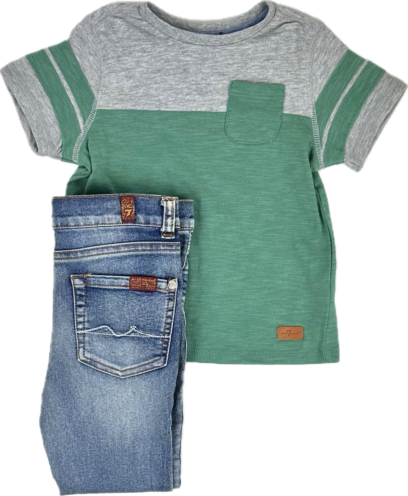 7 For All Mankind Toddler 2 Pc Blue Green Cotton T Shirt Denim Jeans Set Sz 2T