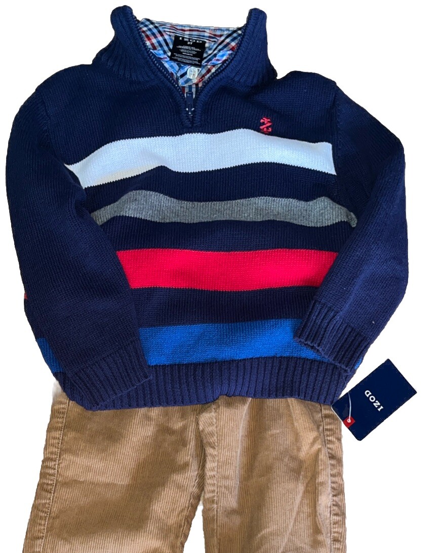 Boys Izod 3 Piece Set Sweater Cordoroy Pants Button Up Shirt 3T NEW WITH TAGS