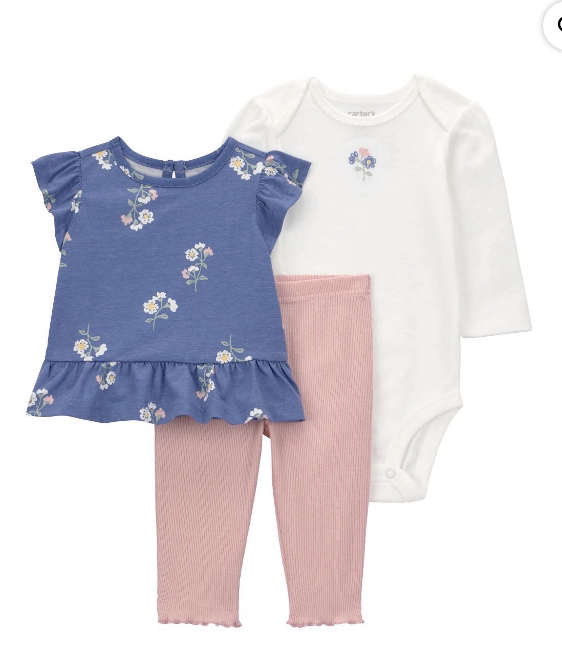 carters Child Of Mine 3 pieces Outfit Set, 24m Ruffle Top, Body Suit, Pink Pant
