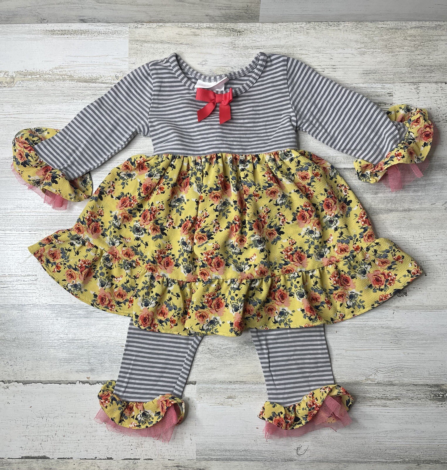 Bonnie Baby 2 Piece Outfit Yellow Floral Stripes Girls Toddler Size: 24 Months