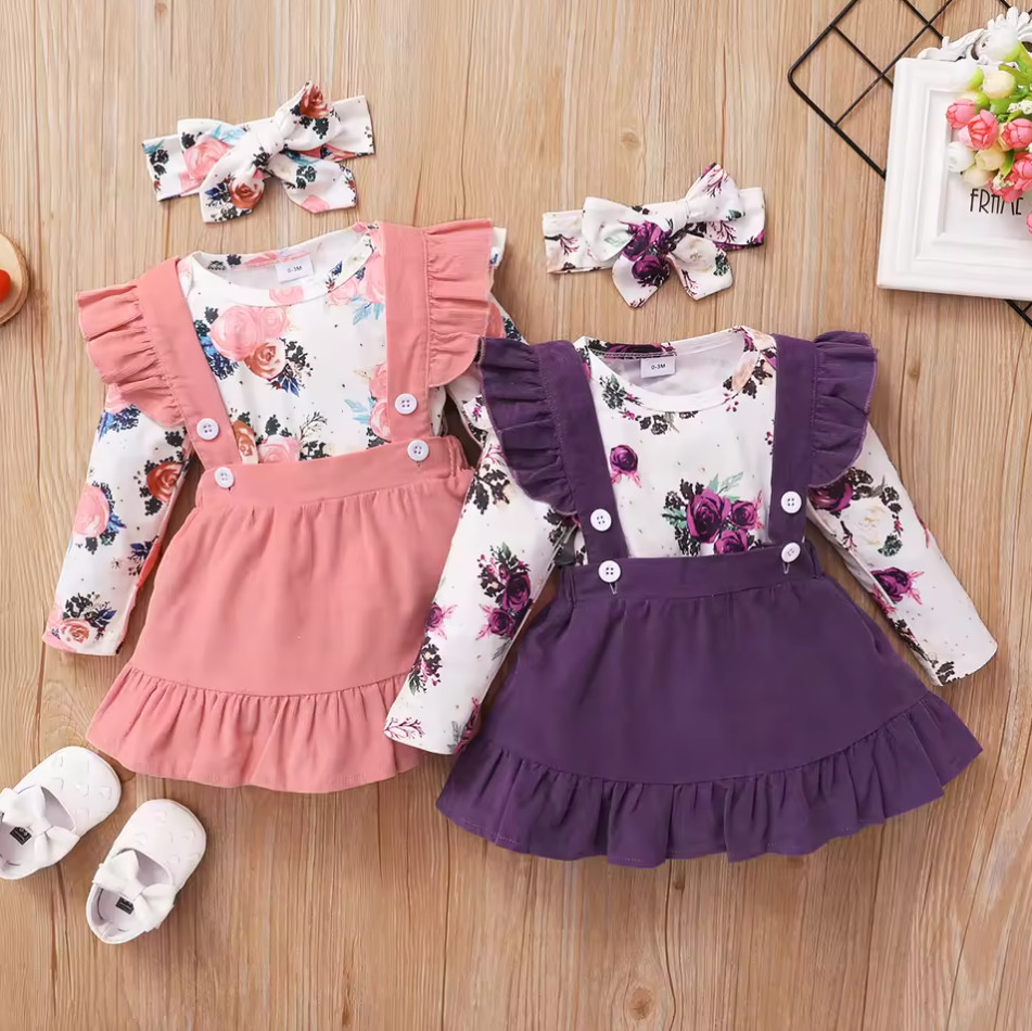 Pink Baby Girl Clothes Set Floral Print Long Sleeve Top Suspender Skirt Headba