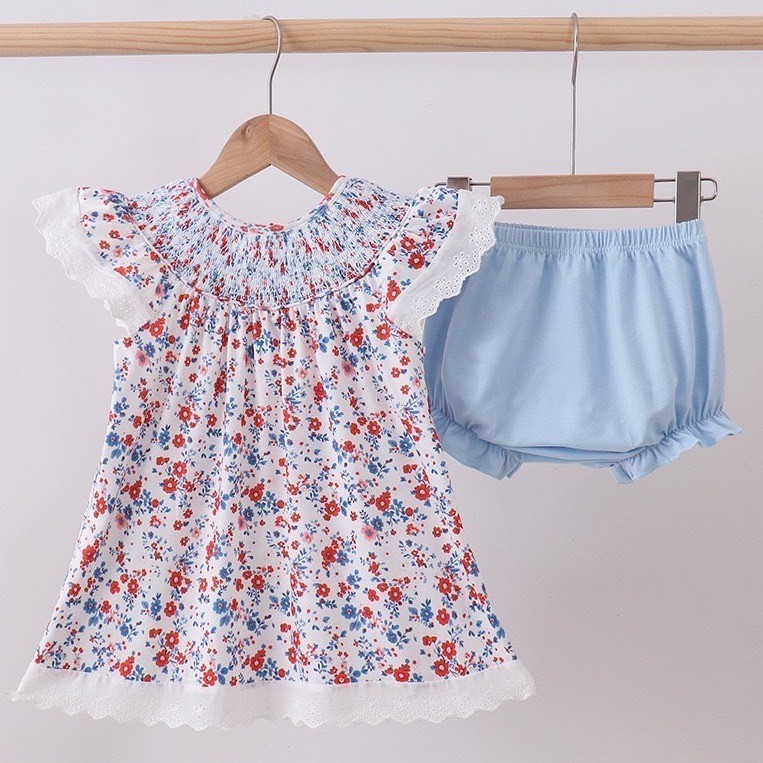 Abby & Evie Girls 3T Smocked Floral Dress and Bloomers Set Blue Red White NWT