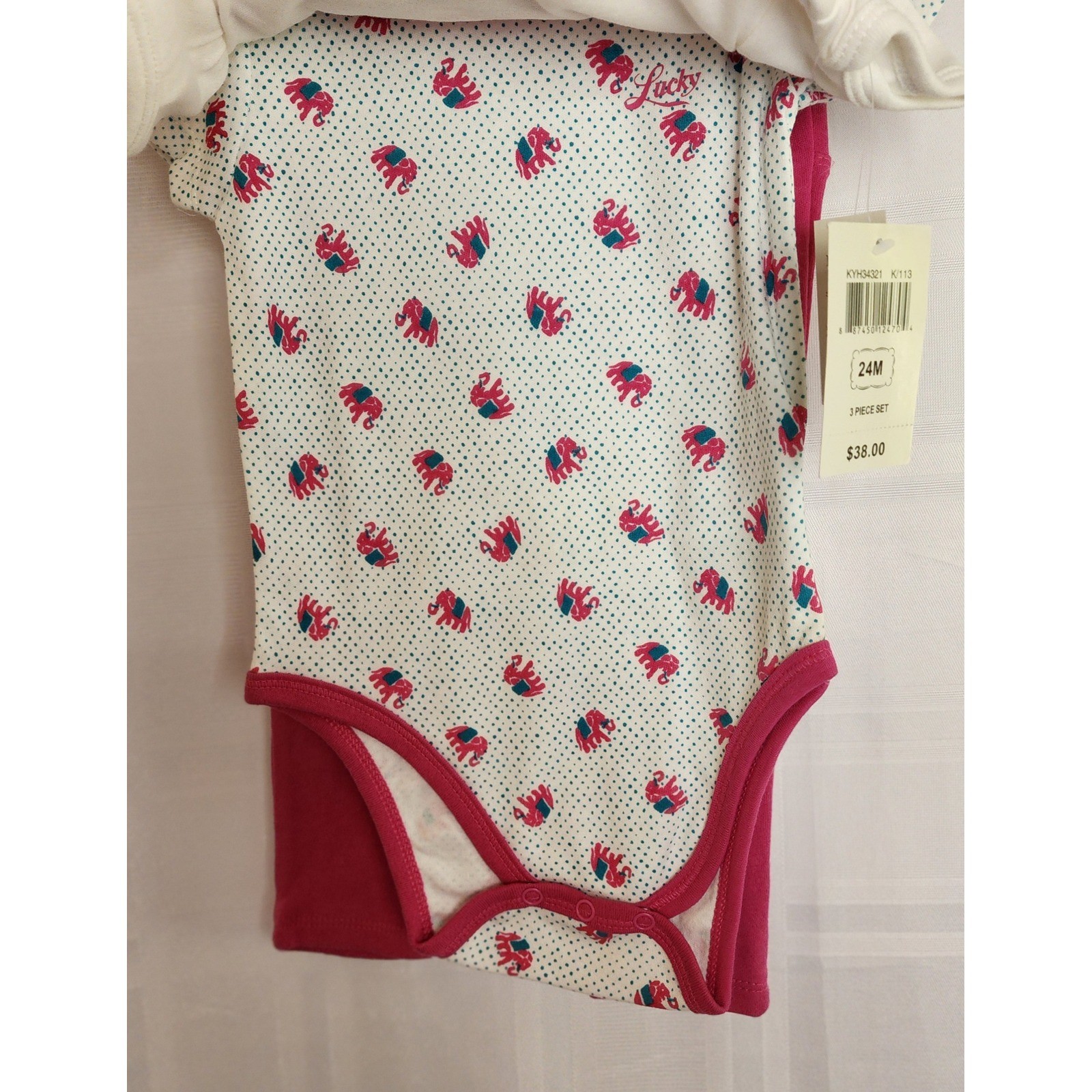Lucky Brand Elephant Bodysuit Set 3-Piece White Pink 24M