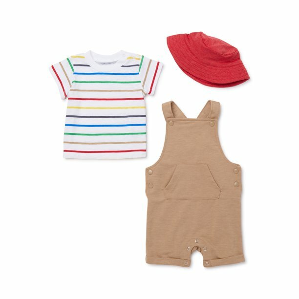 Wonder Nation Baby Boy Coverall, Tee & Bucket Hat Outfit Set, 3pc Beige 3-6M