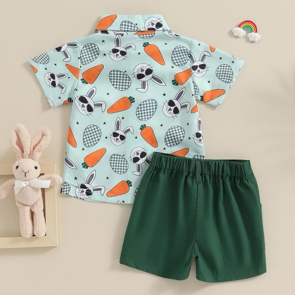 Toddler Boys 2-Piece Easter Outfit Shirt & Shorts Carrot Rabbit Print Bow Tie